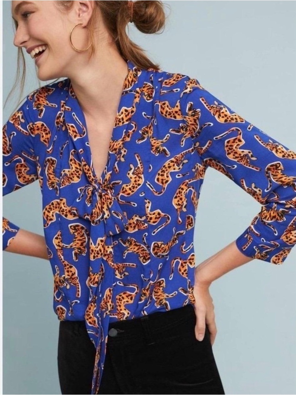 Conversations by Anthropology Blue Leopard Neck Tie Blouse